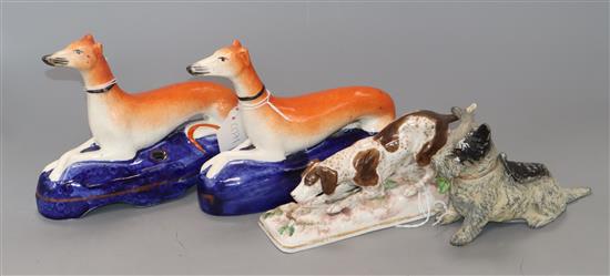 Two Staffordshire dogs, porcelain dog and metal terrier inkwell